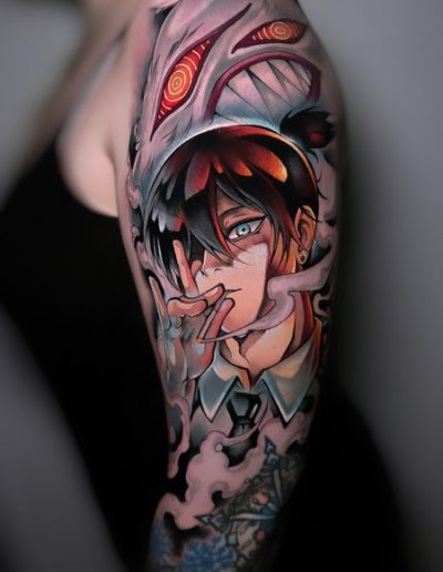 Tatuaje anime a color en Barcelona con un diseño detallado y expresivo, representando un personaje con un estilo dinámico y sombreado vibrante, realizado en Black Haru Tattoo Studio.